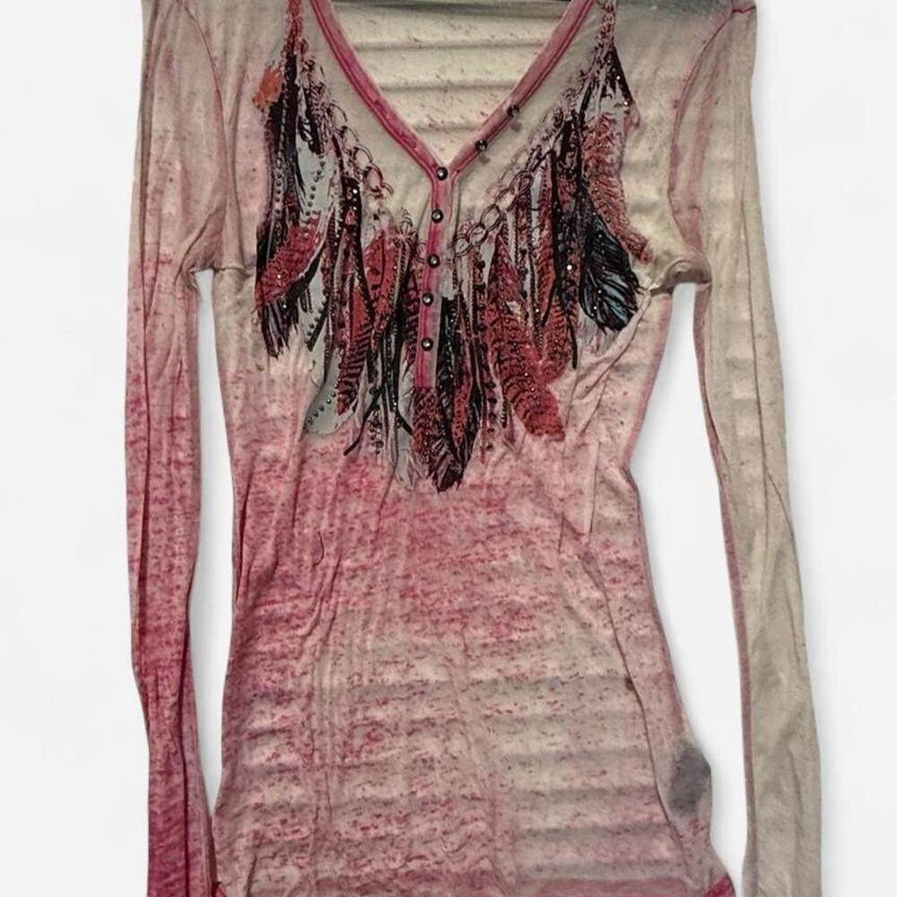 Rock & Roll Cowgirl long-sleeve henley top in women’s size Large.